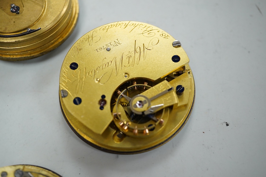 A small quantity of assorted mainly 19th century pocket and fob watch movements including Thomas Crispe of Bravington Sq. W. Lockwood of Huddersfield and William Flowers of London.